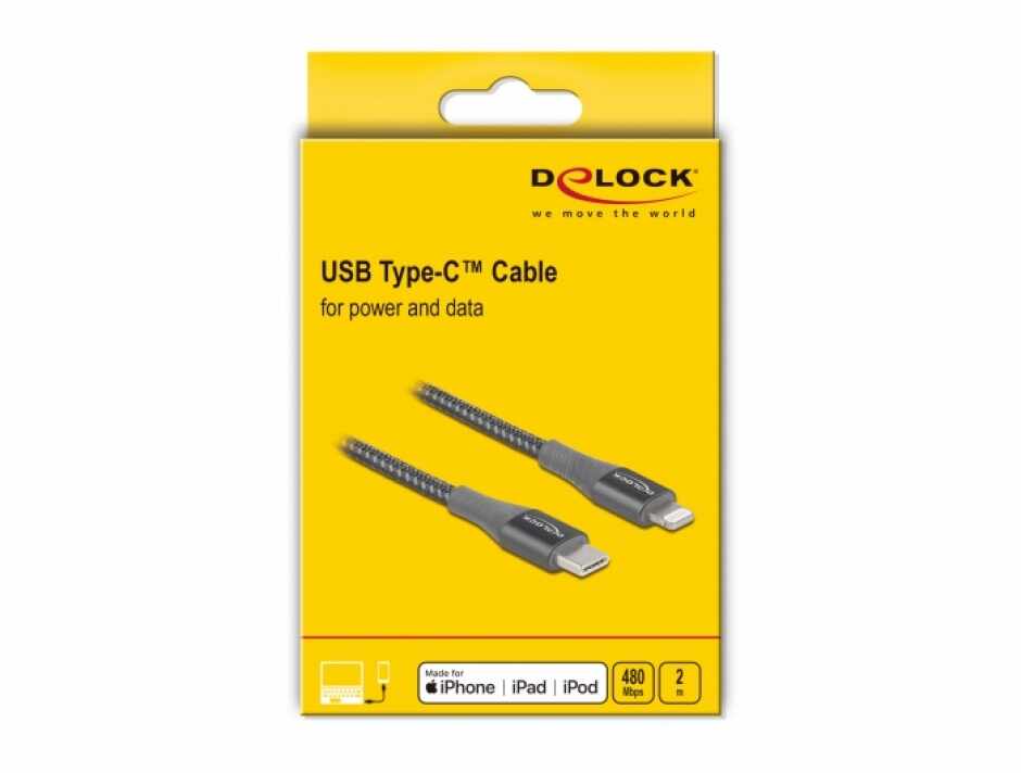 Cablu de date si incarcare USB Type-C la Lightning MFI Gri 2m, Delock 86632