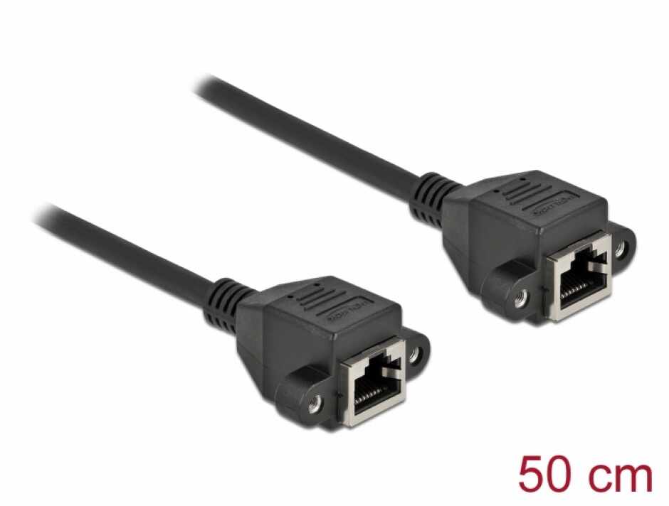 Cablu prelungitor retea RJ45 M-M S/FTP Cat.6A 0.5m Negru, Delock 87008