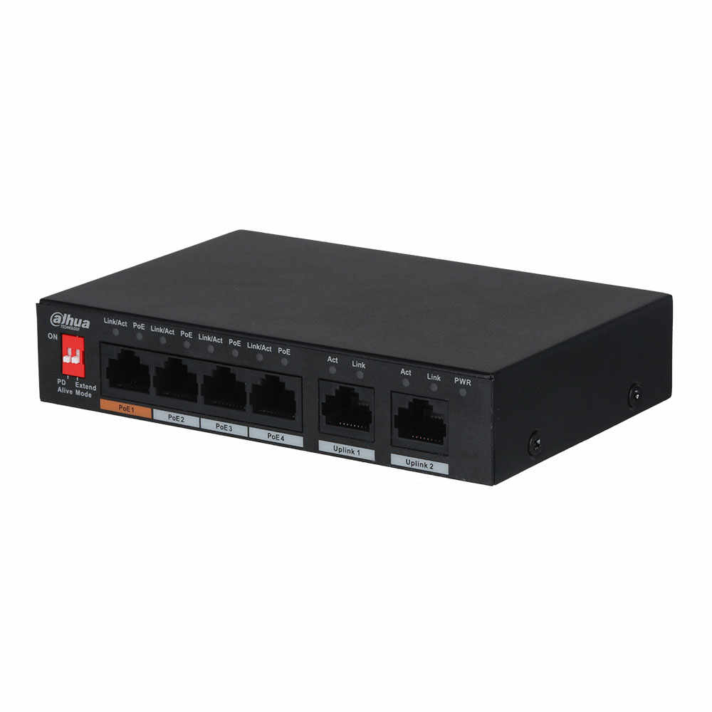 Switch cu 4 porturi PoE Dahua PFS3006-4ET-60-V2, 1.8 Gbps, 0.89 Mpps, 2.000 MAC, 2 porturi uplink, fara management