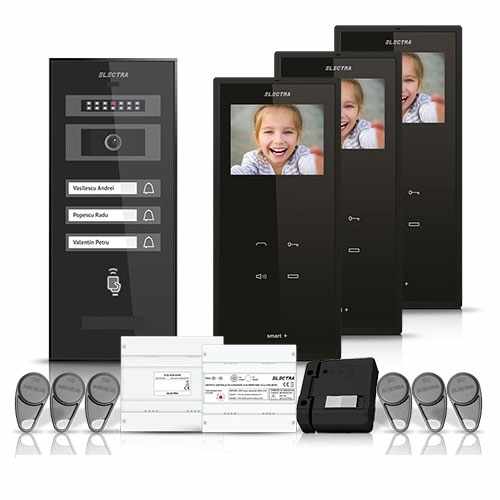 Set videointerfon Electra Smart VID-ELEC-24, 3 familii, aparent, 3.5 inch