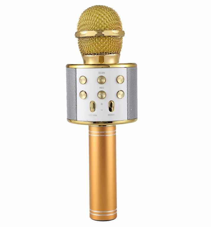 Microfon Profesional Karaoke Smart WS-858 Auriu Hi-Fi Conexiune Wireless Bluetooth 4.1 cu Difuzor si Acumulator Incorporat