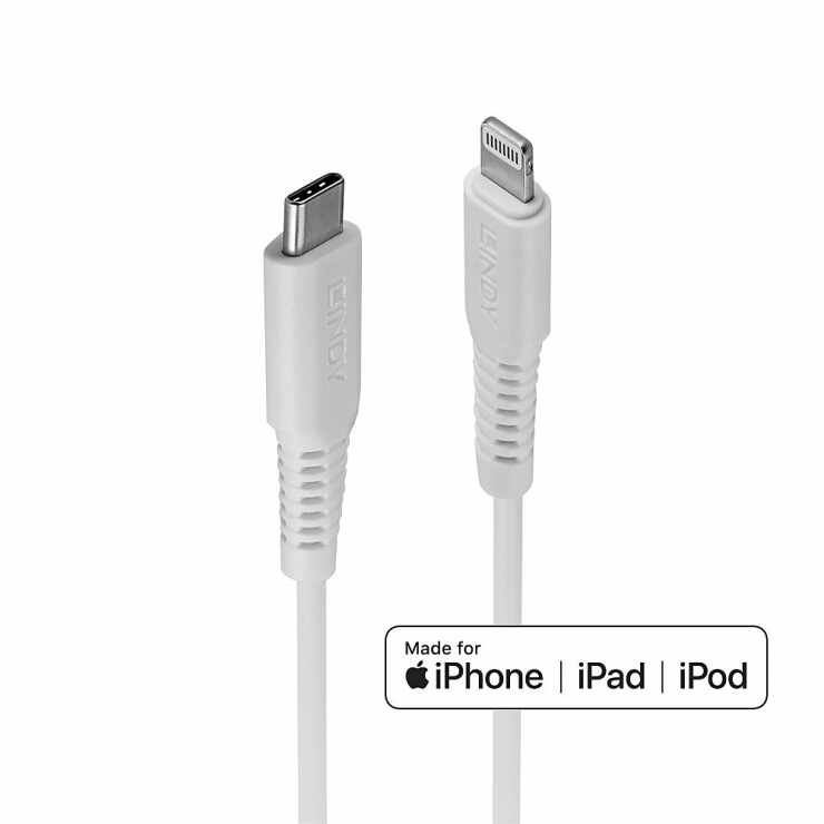 Cablu de date si incarcare Quick Charge USB type C la Lightning MFI 3m T-T Alb, Lindy L31318