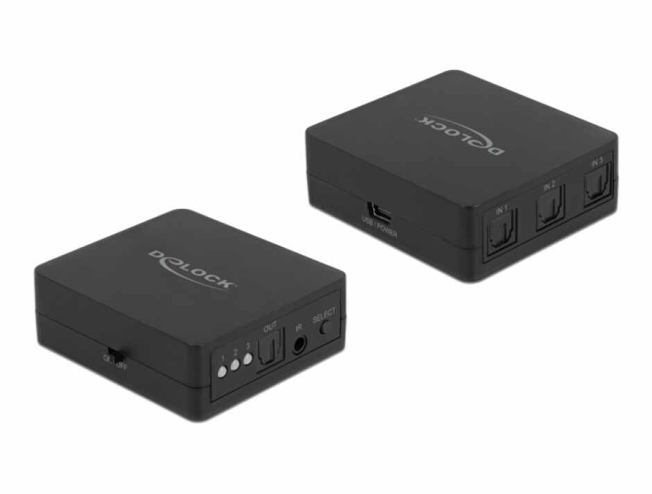 Switch S/PDIF Toslink 3 porturi cu telecomanda si alimentare USB, Delock 63395