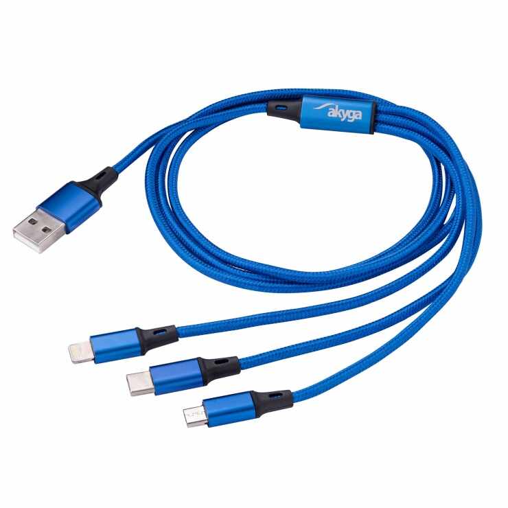 Cablu USB la micro USB/USB type C/Lightning brodat 1.2m Albastru AK-USB-27