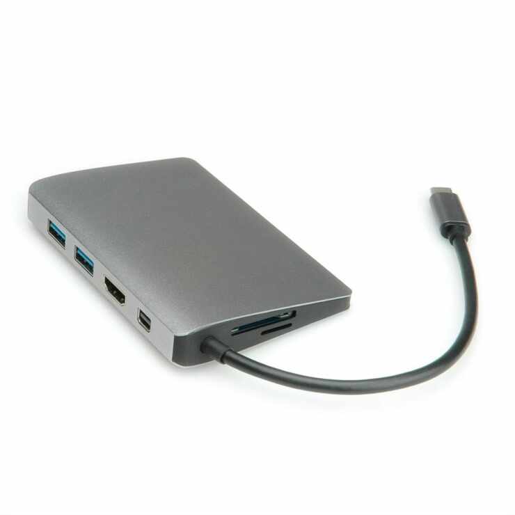 Docking station USB-C la 4K HDMI, Mini DP, 2 x USB 3.0, 1 x SD/MicroSD, 1 x USB-C PD (Power Delivery), 1 x Gigabit RJ45, Roline 12.02.1021