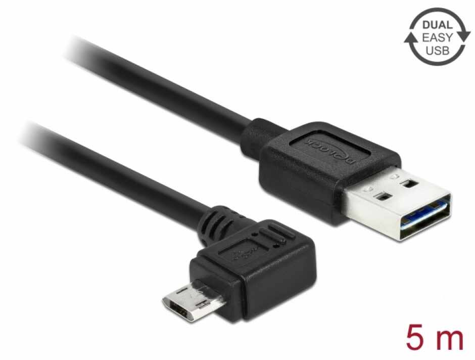 Cablu EASY-USB 2.0 tip A la micro USB-B EASY-USB unghi stanga/dreapta T-T 5m Negru, Delock 85562