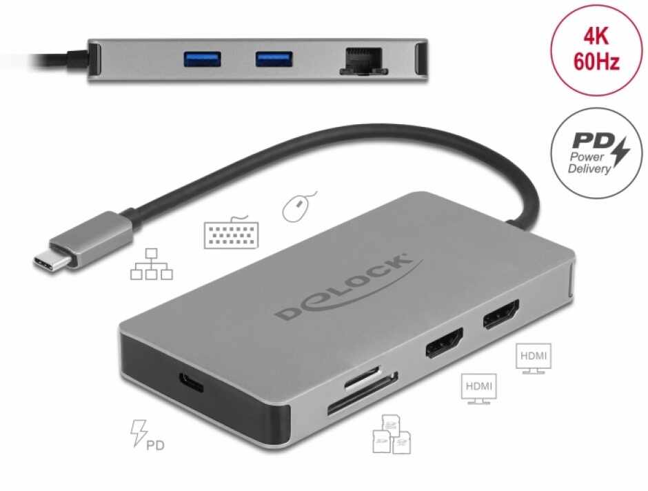 Docking station USB type C la Dual HDMI MST 4K / USB 3.2 / SD / LAN / PD 3.0, Delock 87004
