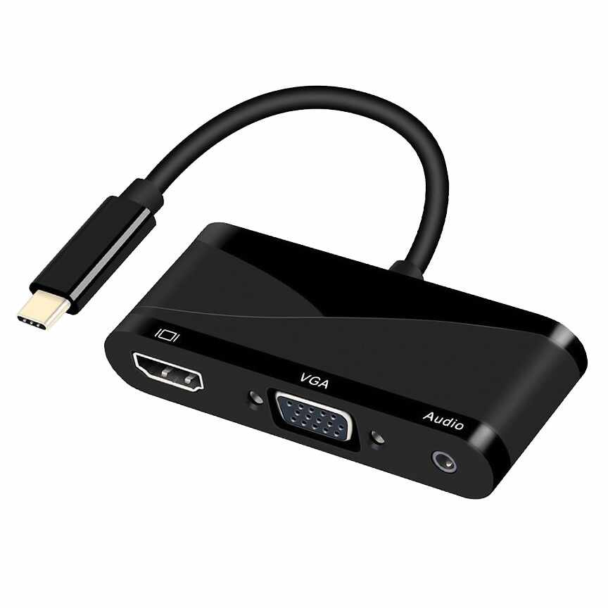 Adaptor convertor 3 in 1 USB 3.1 Type-C la HDMI 4K@60Hz, VGA si port audio 3.5mm, negru