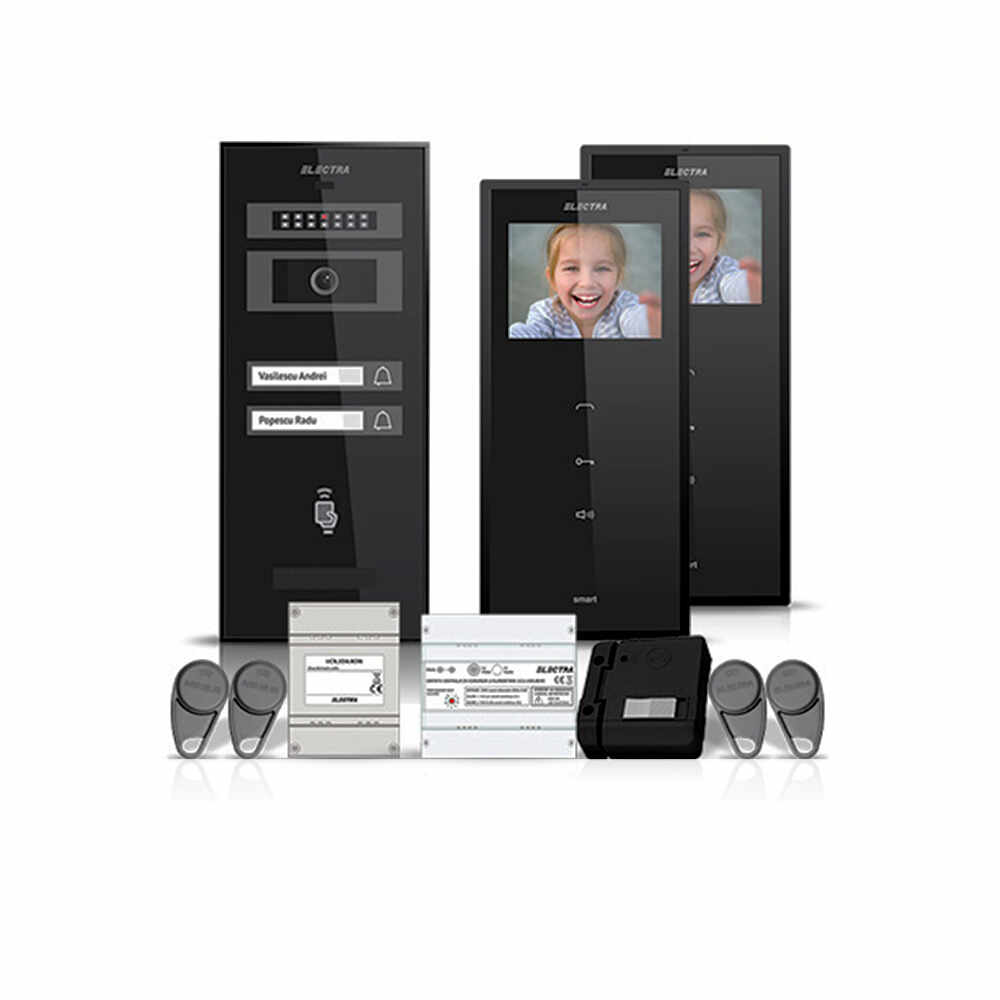 Set videointerfon Electra Smart VID-ELEC-08, 2 familii, aparent, ecran 3.5 inch