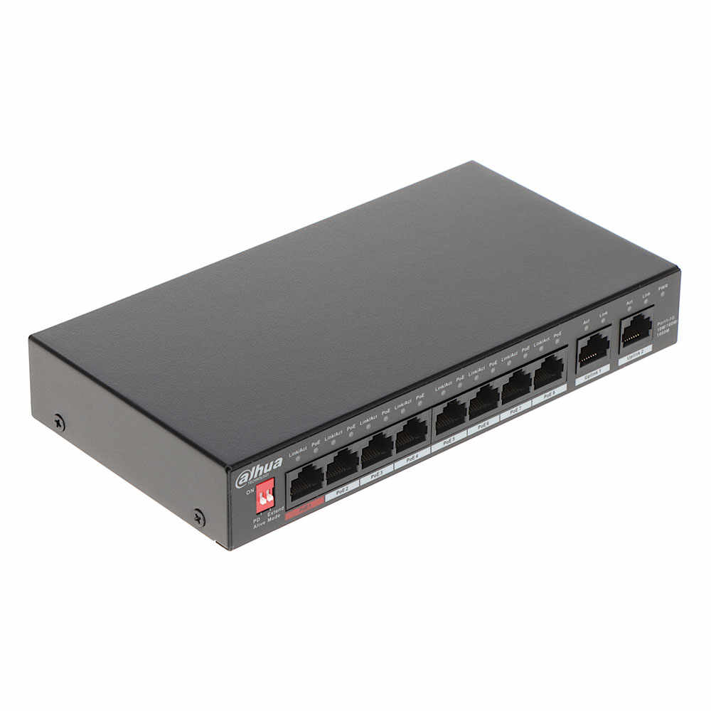 Switch cu 8 porturi PoE Dahua PFS3010-8GT-96-V2, 4000 MAC, 20 Gbps, fara management, PoE