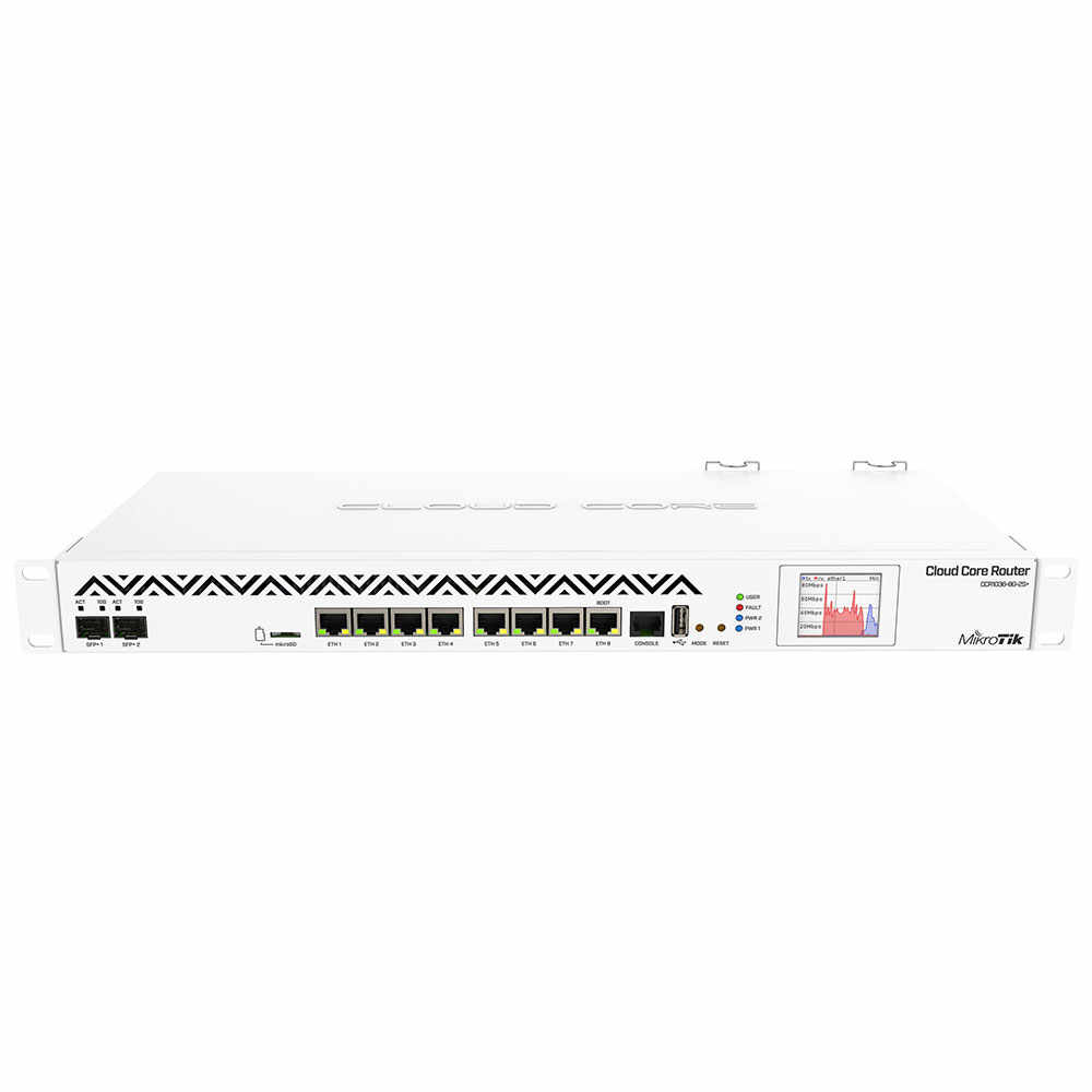 Router cu fir Gigabit MikroTik CCR1036-8G-2S+EM, 8 porturi Gigabit, 2 porturi SFP+, 1 port consola RJ45, 28 Gbps, 41.5 Mpps, slot card
