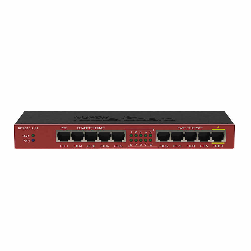 Router Gigabit MikroTik RB2011IL-IN, 5 porturi Gigabit, 5 porturi Fast Ethernet, 10/100/1000 Mbps, PoE