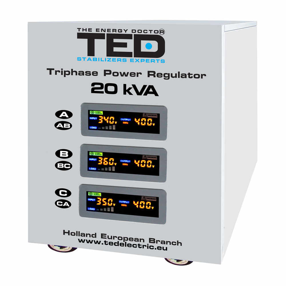 Stabilizator de tensiune cu servomotor trifazat-trifazat TED DZ085121, 20000 VA, 16000 W, regleta