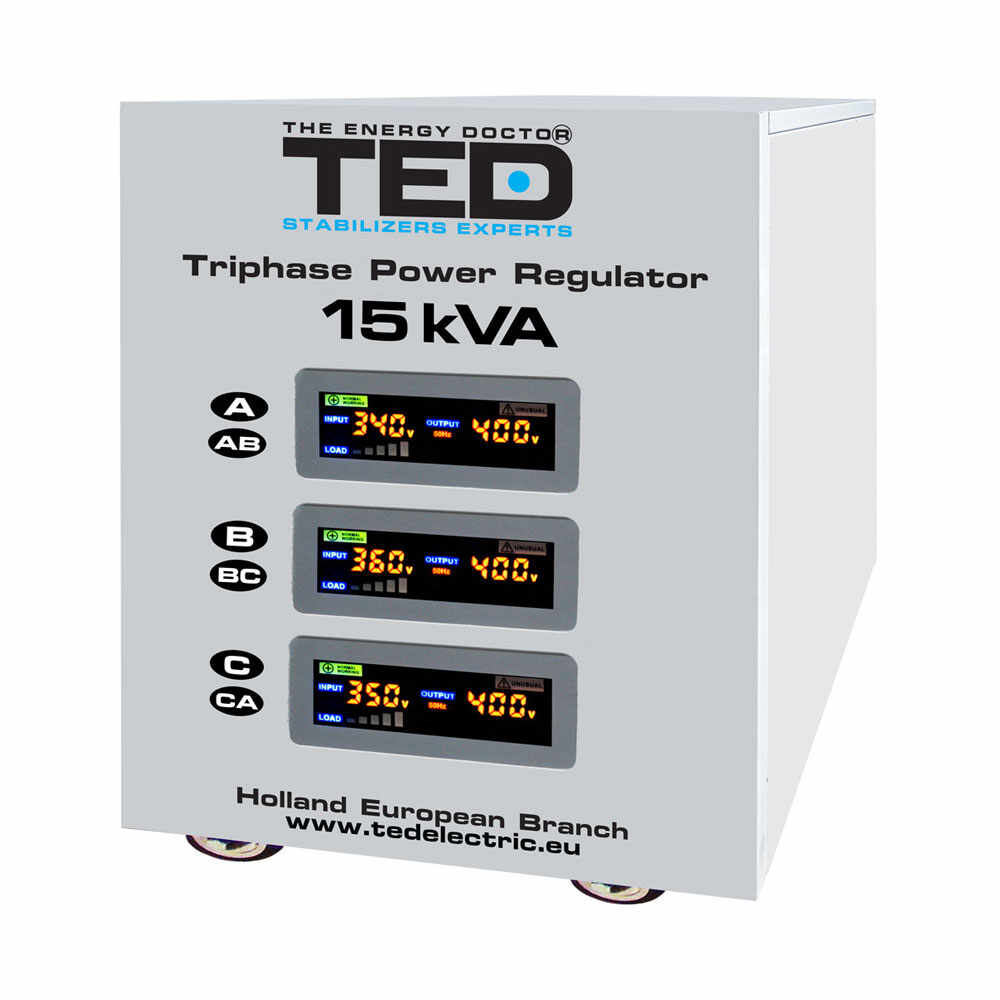 Stabilizator de tensiune cu servomotor trifazat-trifazat TED DZ086198, 15000 VA, 12000 W, regleta