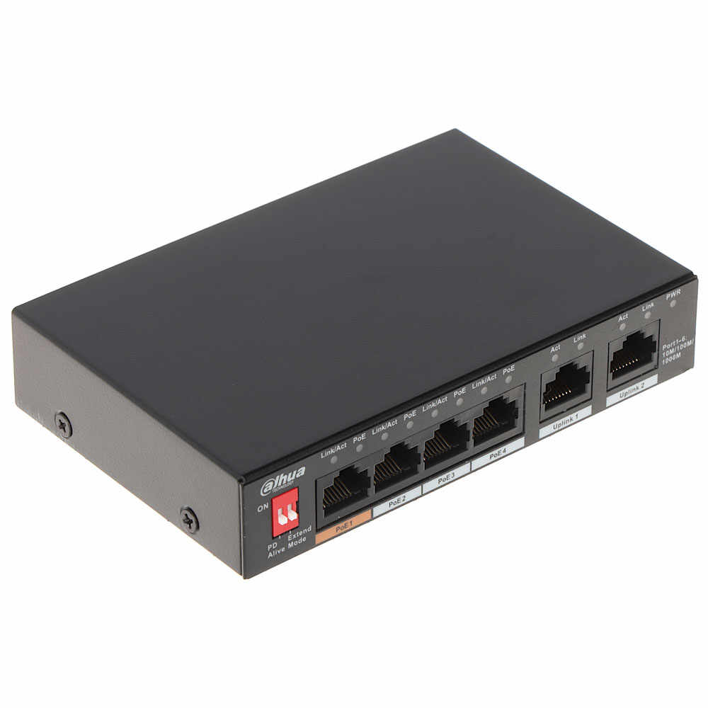 Switch cu 6 porturi Dahua PFS3006-4GT-60-V2, 2000 MAC, 14 Gbps, fara management, PoE