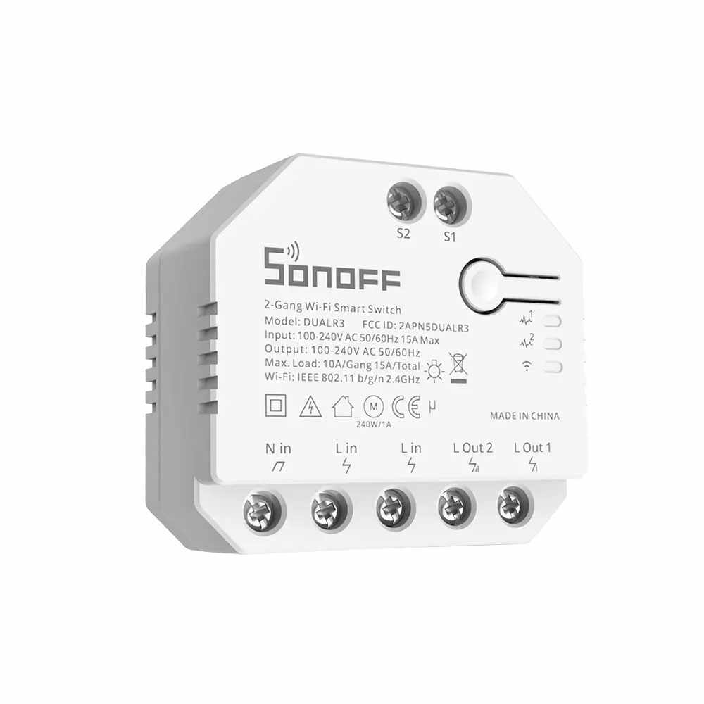 Modul de comanda smart WiFi Sonoff DUALR3, 2 canale, 15A/3300W, 2.4 GHz, inching, contor consum
