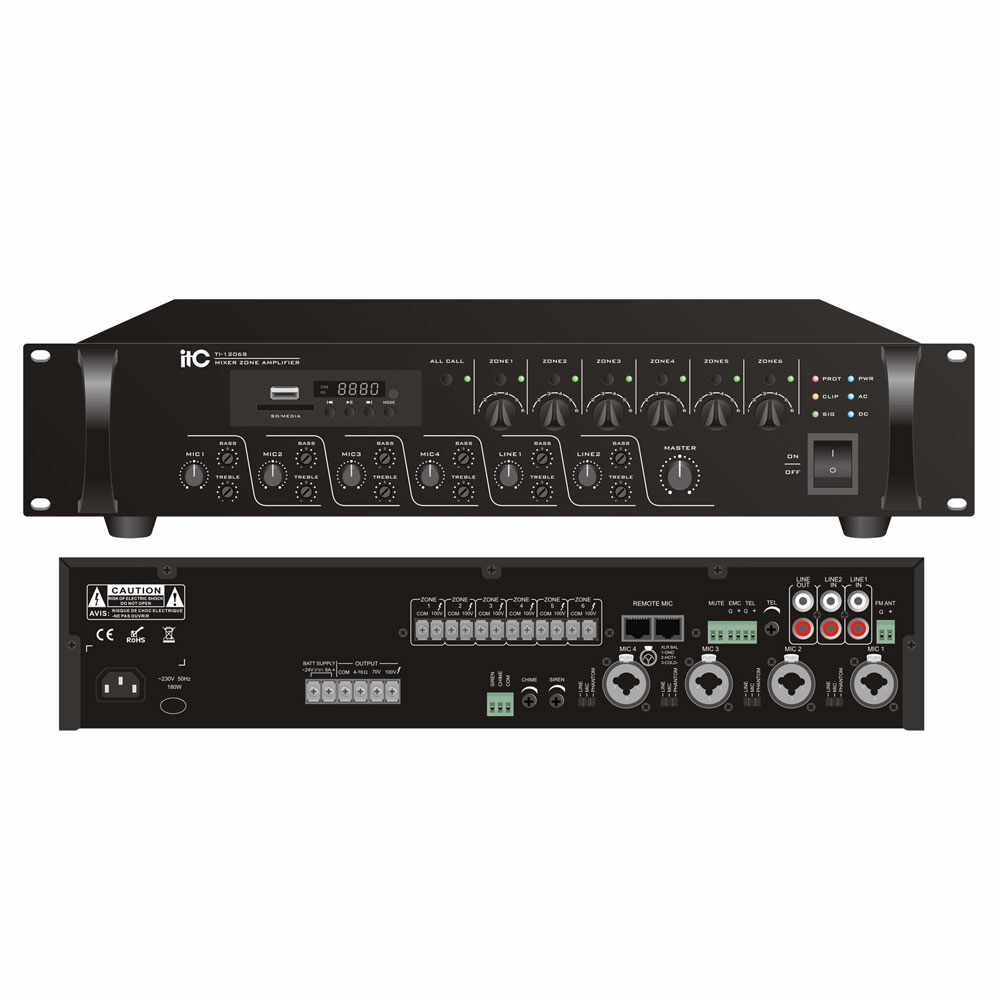 Mixer amplificator cu 6 zone de reglaj pentru sisteme de Public Address PA ITC TI-2406S, 240 W, 100 V, MP3 (USB/SD), FM Tuner, Bluetooth, 1U