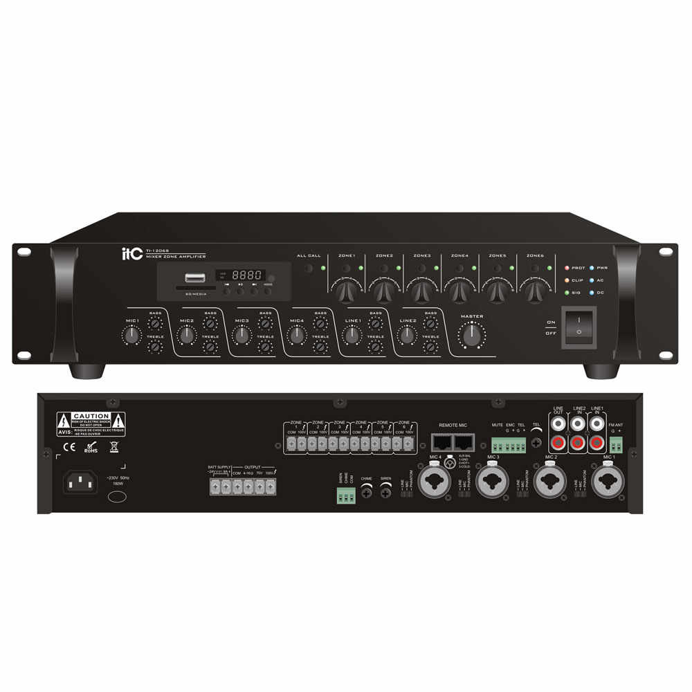 Mixer amplificator cu 6 zone de reglaj pentru sisteme de Public Address PA ITC TI-5006S, MP3 (USB/SD), FM Tuner, Bluetooth, 500 W, 100 V