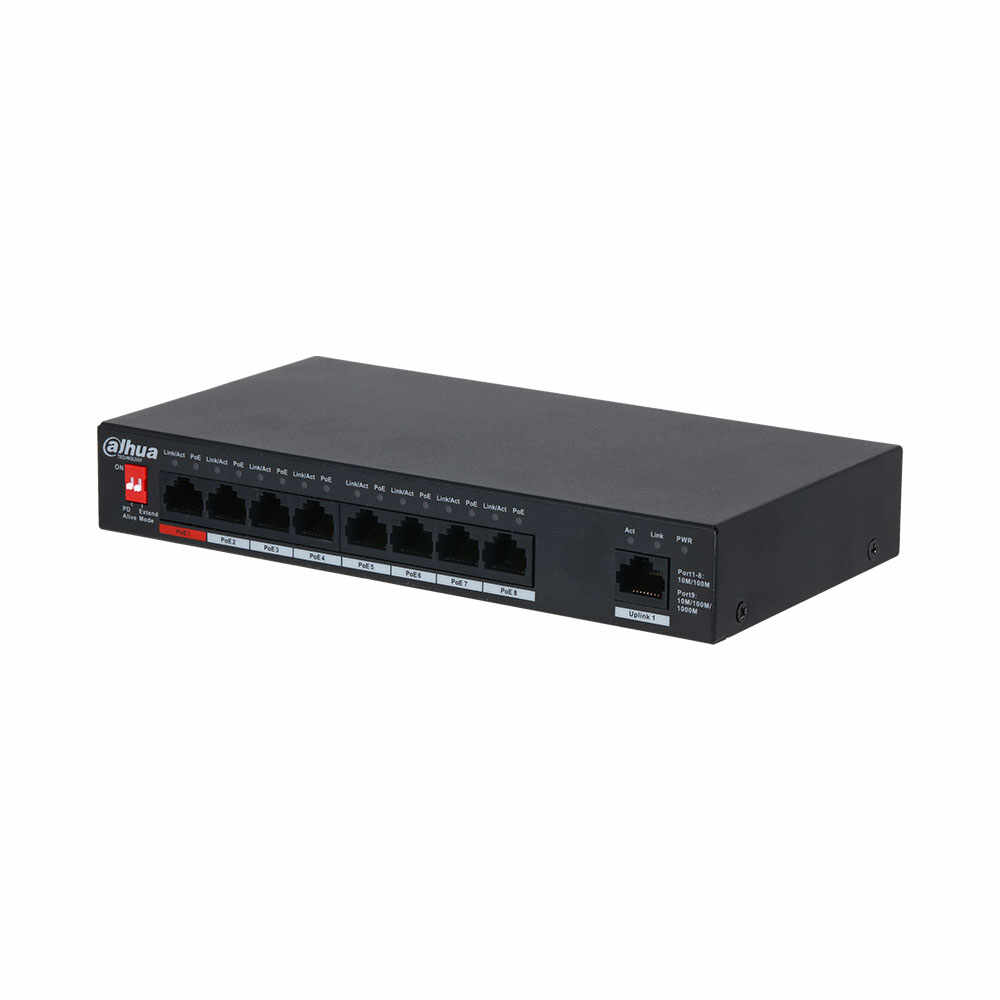 Switch cu 9 porturi Dahua PFS3009-8ET1GT-96-V2, 2000 MAC, 3.6 Gbps, fara management, 250 m, PoE