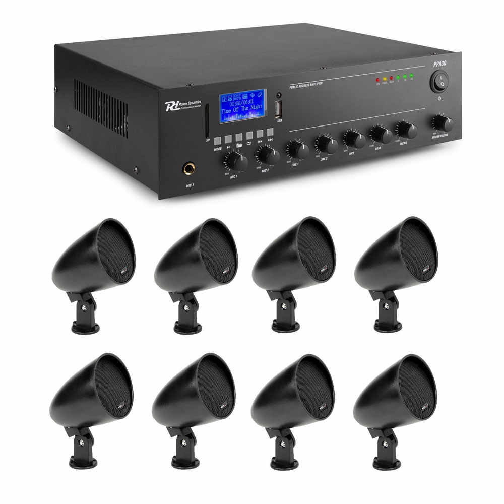 Sistem sonorizare pentru Cafenea Power Dynamics KIT-PPA30-MB240TB cu amplificator, difuzoare interior/exterior