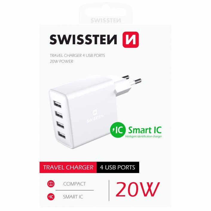 Adaptor de rețea SWISSTEN 4x USB, 20W, SMART IC - alb
