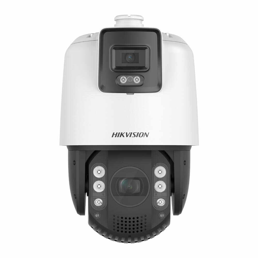 Camera supraveghere IP Speed Dome PTZ Duala Hikvision TandemVu DS-2SE7C425MW-AEB(14F1)(P3), 4 MP, 4.8 - 120 mm / 4 mm, motorizat, lumina alba 30 m, IR 200 m, stroboscop, slot card, x25, Hi-PoE