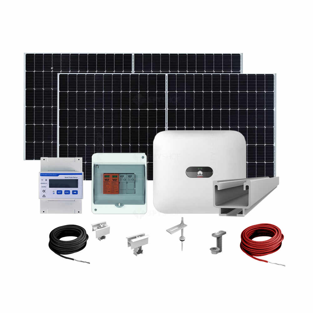 Sistem fotovoltaic complet 3kW, invertor Trifazat On Grid si 7 panouri Canadian Solar, 455W, 144 celule, pe structura de metal