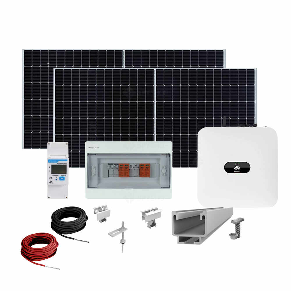 Sistem fotovoltaic complet 5 kW, invertor Monofazat Hibrid si 12 panouri Canadian Solar, 144 celule, 455 W, pe structura de metal