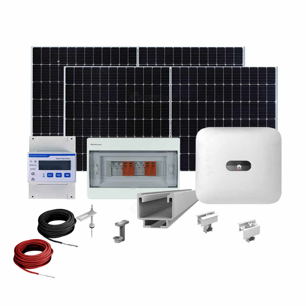 Sistem fotovoltaic complet 5 kW, invertor Trifazat On Grid si 12 panouri Canadian Solar, 144 celule, 455 W, pe structura de metal