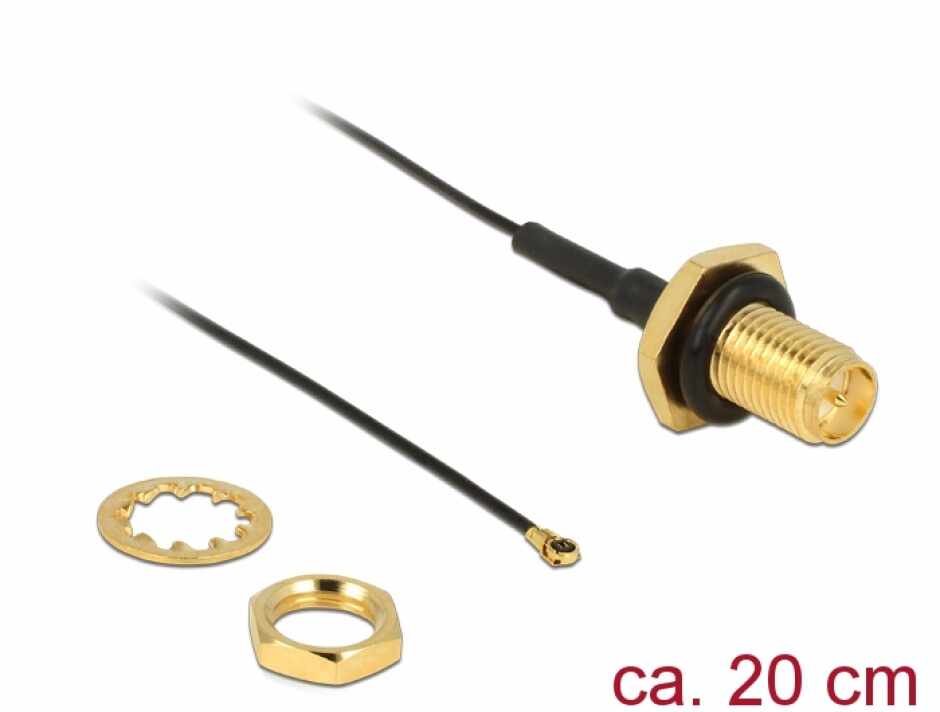 Cablu antena RP-SMA Jack Bulkhead > MHF IV/ HSC MXHP32 compatible plug 200 mm thread length 9 mm splash proof, Delock 12460