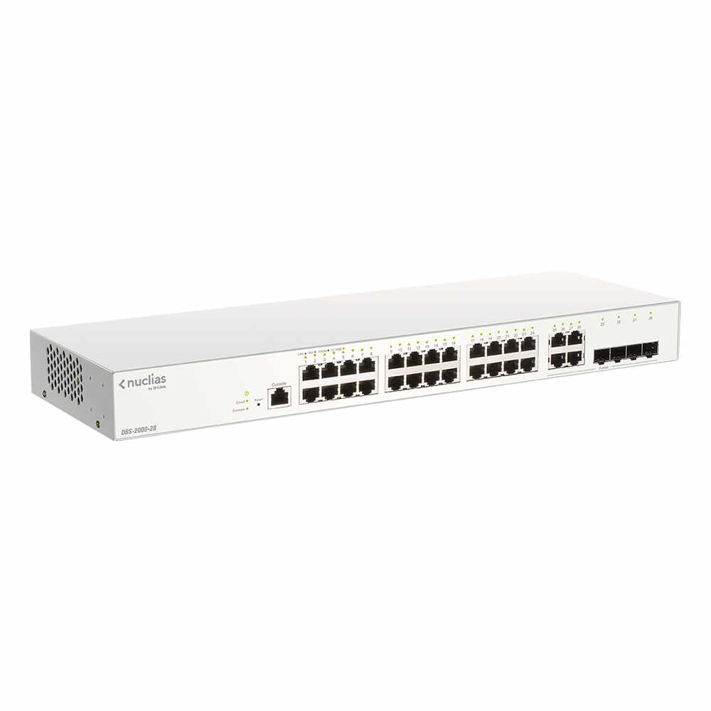 Switch cu 28 porturi Gigabit D-Link DBS-2000-28P, 56 Gbps, 41.7 Mpps, 4x SFP, 8000 MAC, PoE, cu management