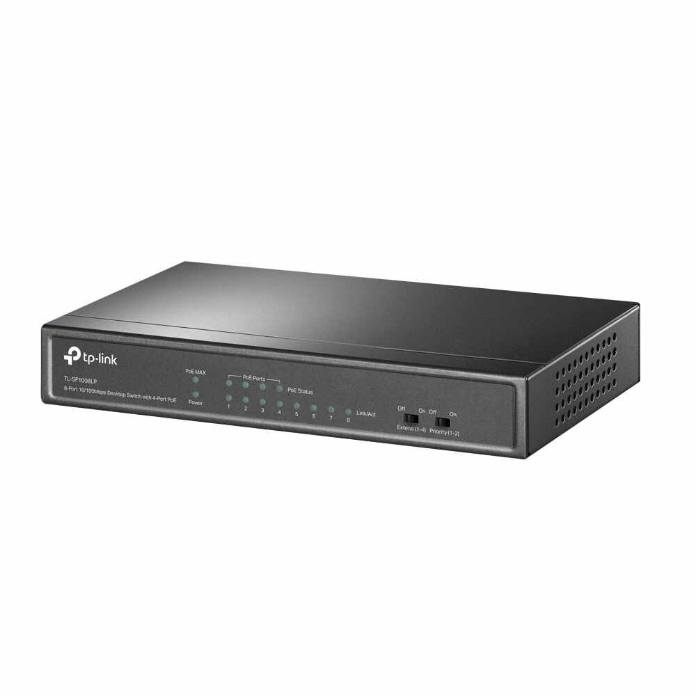 Switch cu 8 porturi TP-Link TL-SF1008LP, 2000 MAC, 4 porturi PoE, 250 m, 1.6 Gbps, fara management