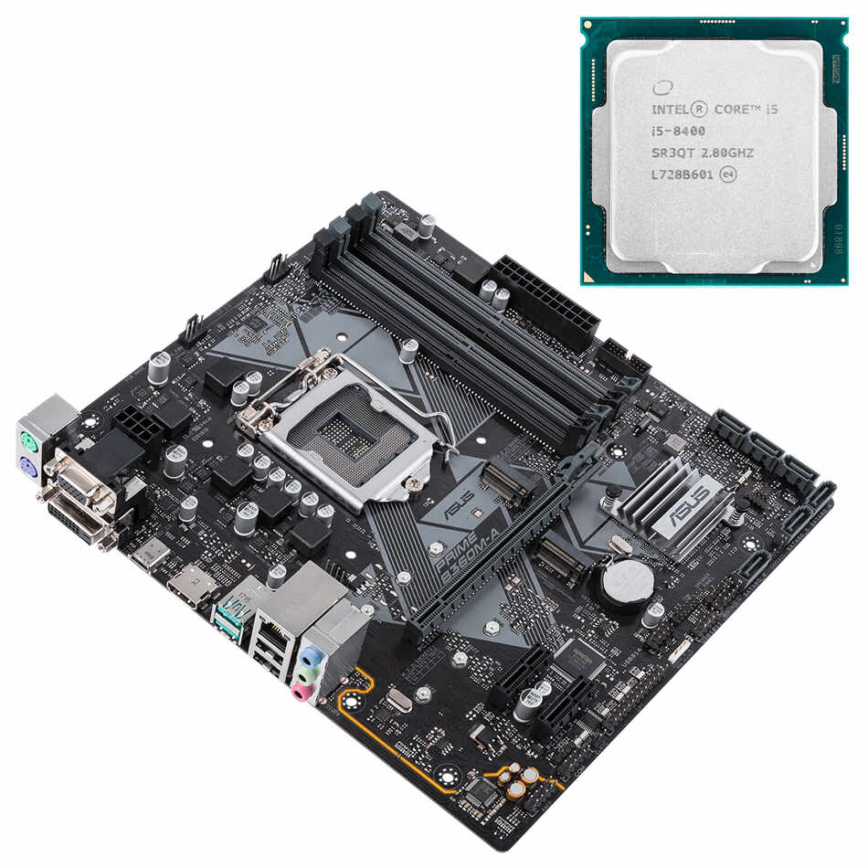 Placa de Baza Asus PRIME B360M-A, Socket 1151 + Procesor Intel Core i5-8400 2.80 - 4.00GHz + Cooler si Shield + SSD 240GB NVMe