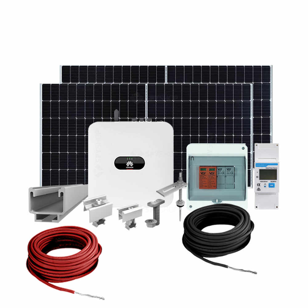 Sistem fotovoltaic complet 3 kW, invertor Monofazat Hibrid si 7 panouri Canadian Solar, 120 celule, 455 W, pe structura de metal
