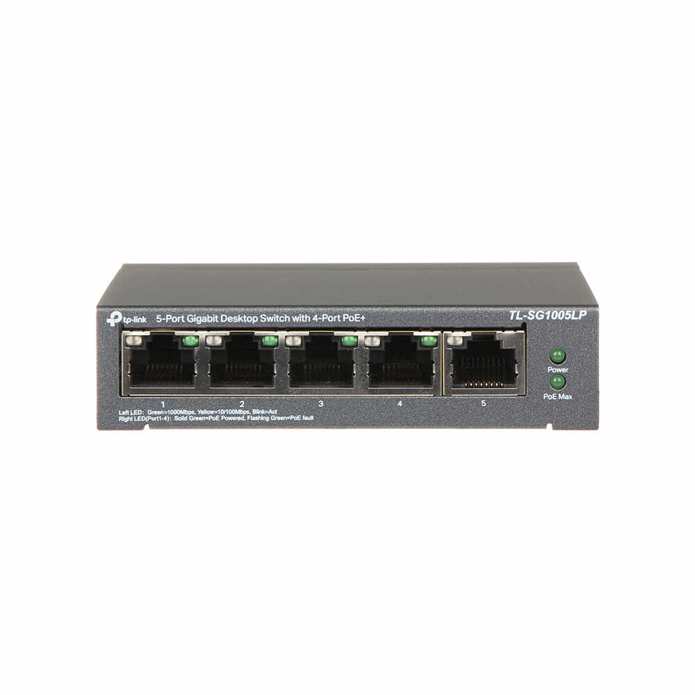 Switch cu 5 porturi Gigabit TP-Link TL-SG1005LP, 4 porturi PoE+, 10/100/1000 Mbps, fara management