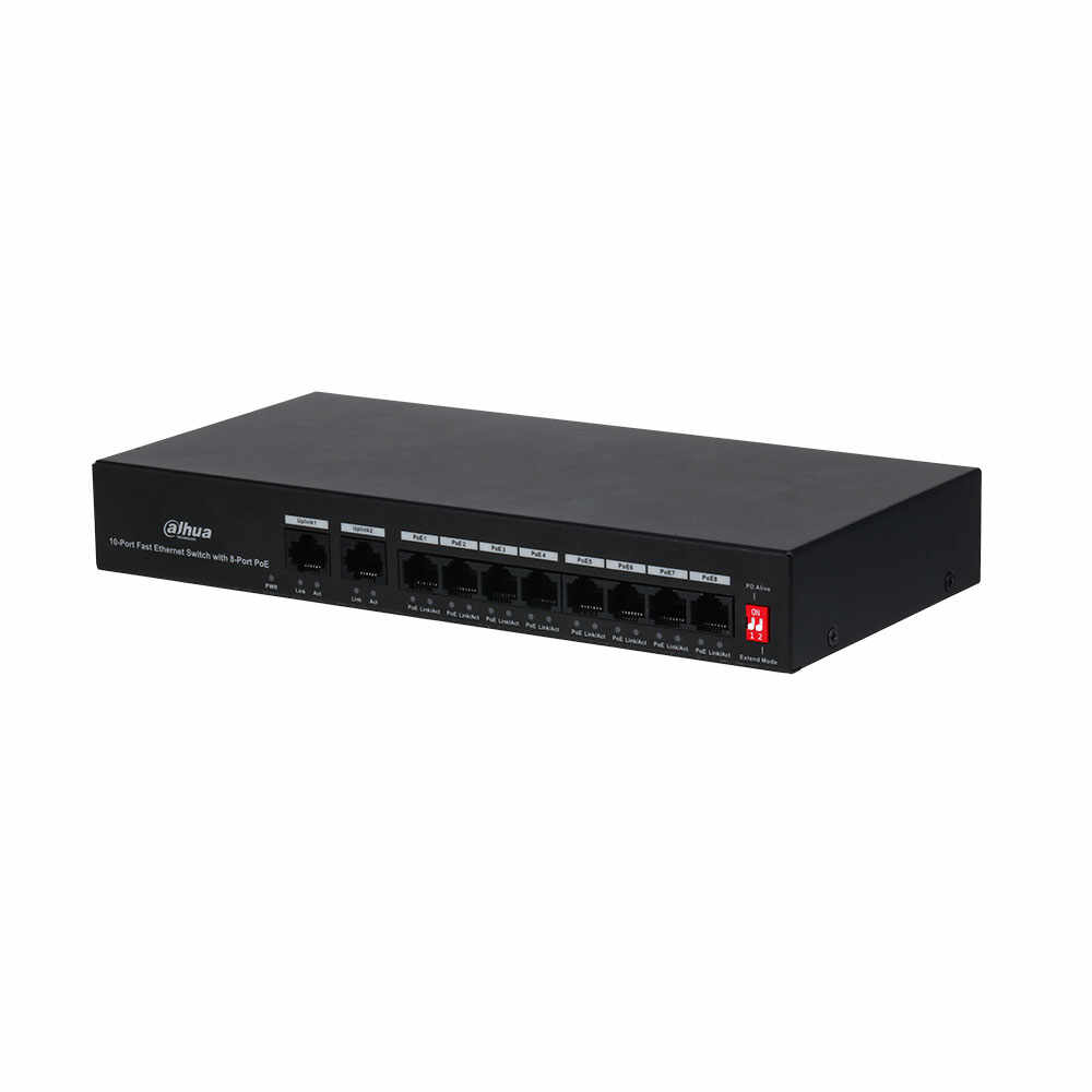 Switch cu 10 porturi Dahua PFS3010-8ET-65, 2000 MAC, fara management, 250 m, PoE