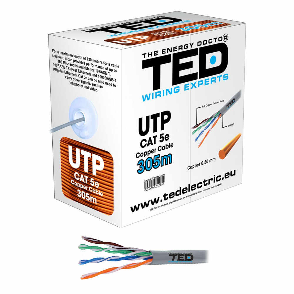 Cablu UTP Cat.5e cupru TED TED002495, 4x2x0.5xAWG24, izolat, rola 305 m
