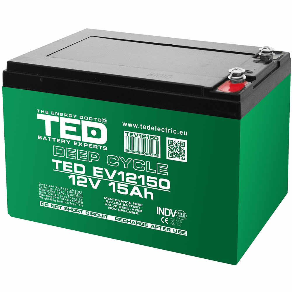 Acumulator AGM TED Deep Cycle pentru vehicule electrice TED003775, 12 V, 15 A, M5
