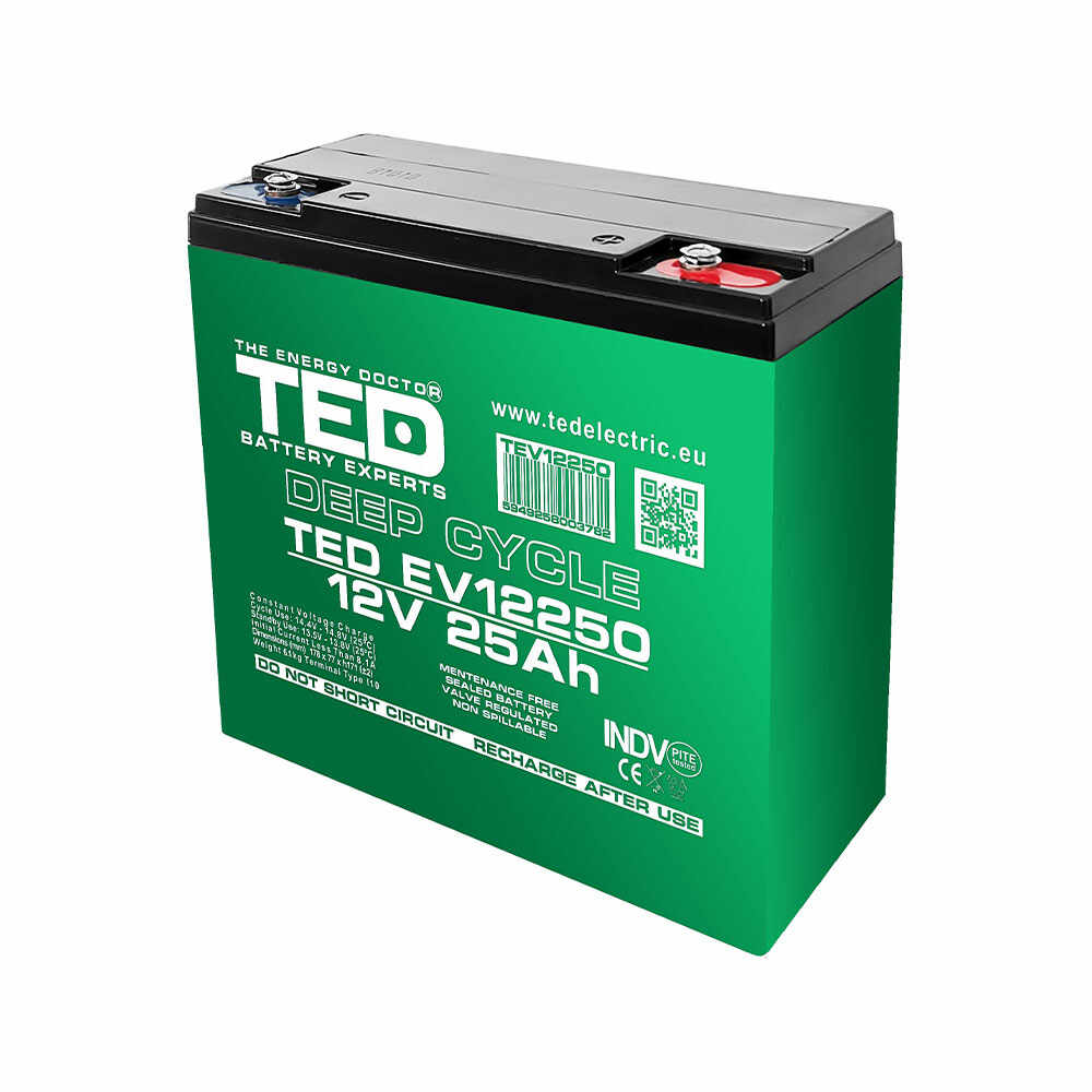 Acumulator AGM TED Deep Cycle pentru vehicule electrice TED003782, 12 V, 25 A