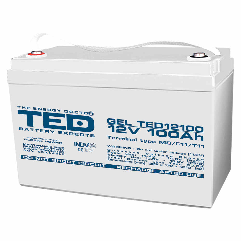 Acumulator TED AGM VRLA GEL TED12100, 12 V, 100 Ah, M8
