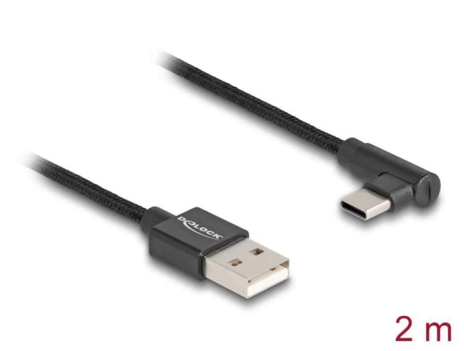 Cablu USB 2.0-A la USB type C unghi T-T 2m brodat Negru, Delock 80031