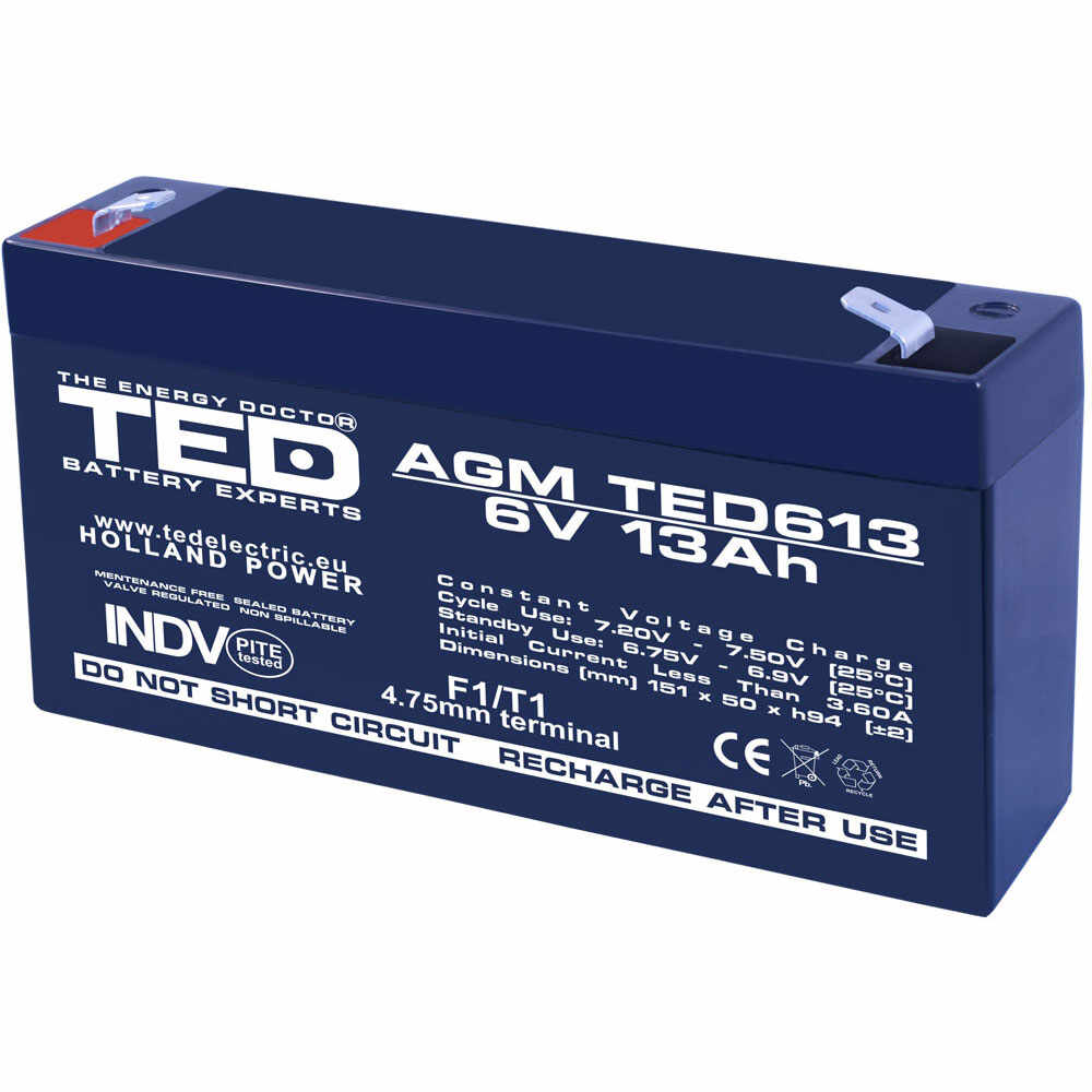 Acumulator AGM VRLA TED TED003010, 6 V, 13 A
