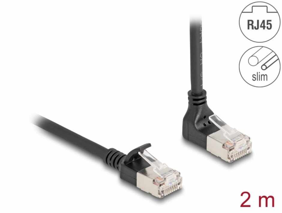 Cablu de retea RJ45 Cat.6A S/FTP Slim unghi 90 grade sus/drept 3m Negru, Delock 80289