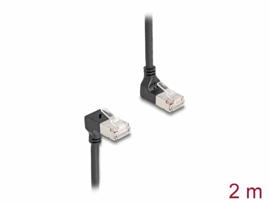 Cablu de retea RJ45 Cat.6A S/FTP Slim unghi 90 grade sus/jos 2m Negru, Delock 80294