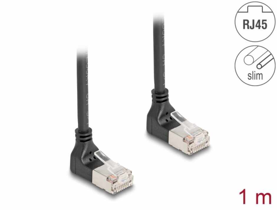 Cablu de retea RJ45 Cat.6A S/FTP Slim unghi 90 grade sus/sus 2m Negru, Delock 80282
