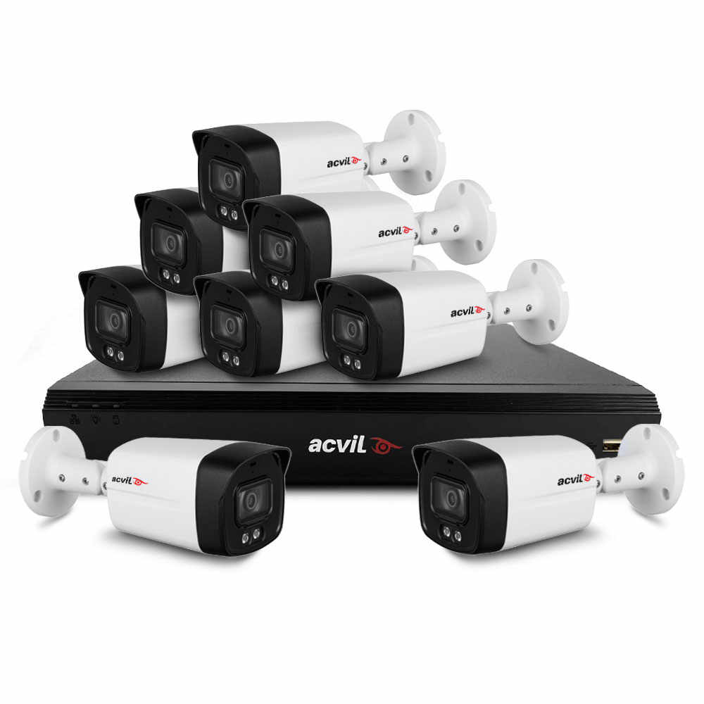 Sistem supraveghere exterior basic Acvil Pro Full Color ACV-B8EXTFC40-5M, 8 camere, 5 MP, lumina alba 40 m, 3.6 mm, audio prin coaxial, microfon