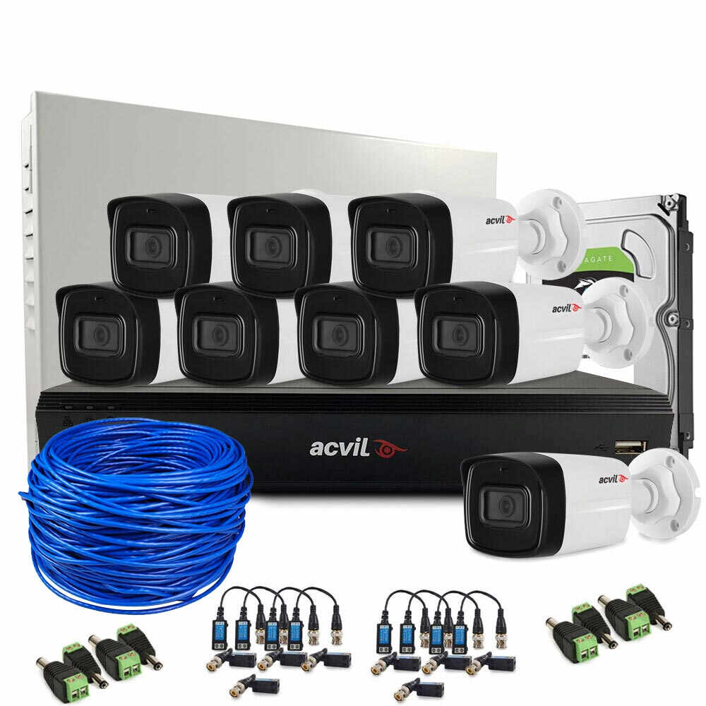 Sistem supraveghere exterior complet Acvil Pro ACV-C8EXT40-2MP-V2, 8 camere, 2 MP, IR 40 m, 2.8 mm, audio prin coaxial