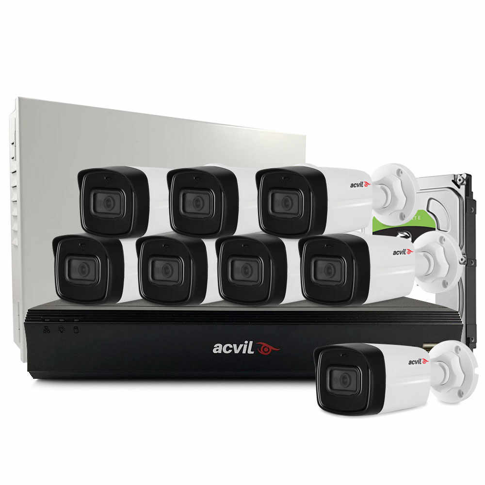 Sistem supraveghere exterior middle Acvil Pro Starlight ACV-M8EXT80-2MP-A, 8 camere, 2 MP, IR 80 m, 3.6 mm, audio prin coaxial, microfon