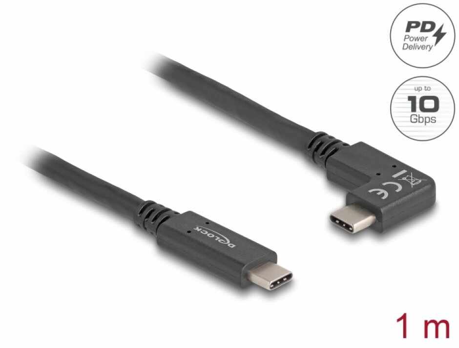 Cablu USB 3.2 Gen2 type C 4K60Hz/60W unghi dreapta/stanga-drept E-Marker T-T 1m, Delock 80037