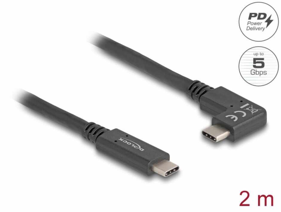 Cablu USB 3.2 Gen2 type C 4K60Hz/60W unghi dreapta/stanga-drept E-Marker T-T 2m, Delock 80038